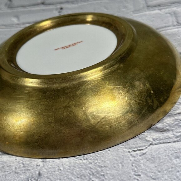 Vintage White Pink Butterfly Porcelain Brass Style Metal Trinket Bowl Hong Kong - Picture 6 of 14